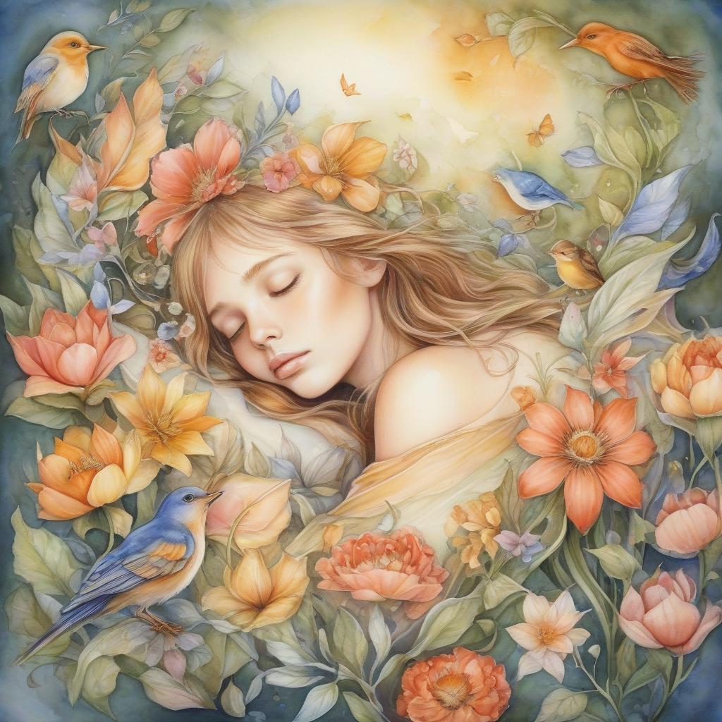  fairy tale (watercolor: 1.4) a girl sleeps inside a flower. fabulous flowers, magical forest, unusual birds, zorina baldescu style . magical, fantastical, enchanting, storybook style, highly detailed, hkmagic