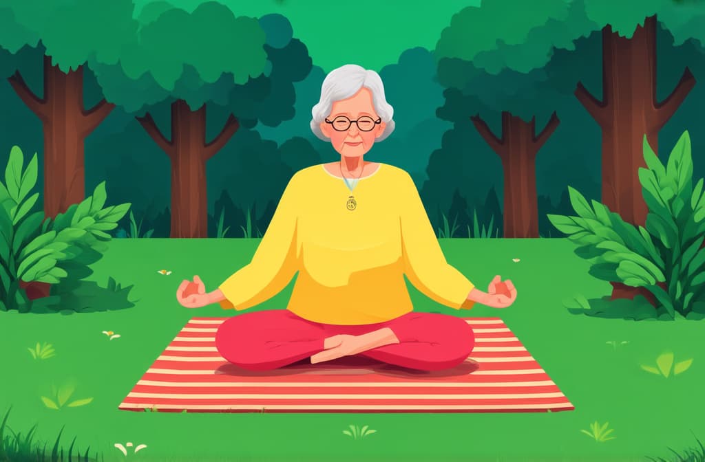  cute old lady sitting on a rug in nature and meditating. style flat illustration ar 3:2 {prompt}, maximum details