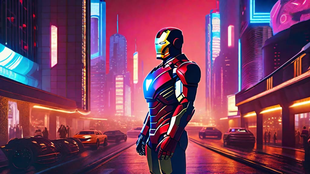  masterpiece, best quality, Best quality, masterpiece, 8k resolution, realistic, highly detailed, close up of Iron Man. In a cyberpunk-style night scene of the city, he stands on a street lined with tall buildings. The city's night lights are bright, The surrounding buildings and streets are filled with cyberpunk elements such as neon lights, high-tech devices, and futuristic architectural designs.