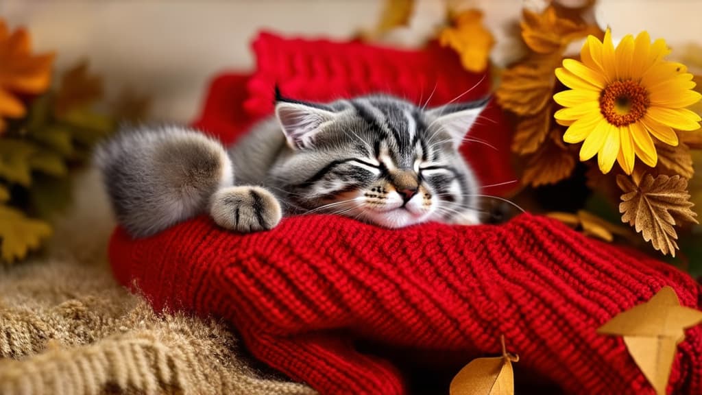  gray kitten sleeping on red knitted sweater, romance, seasons, beautiful girls, enchanted dreams, flower power, autumn, he has a treasure with him, hand carving, smiling sweetly, made of wool, beautiful composition ar 16:9 {prompt}, maximum details