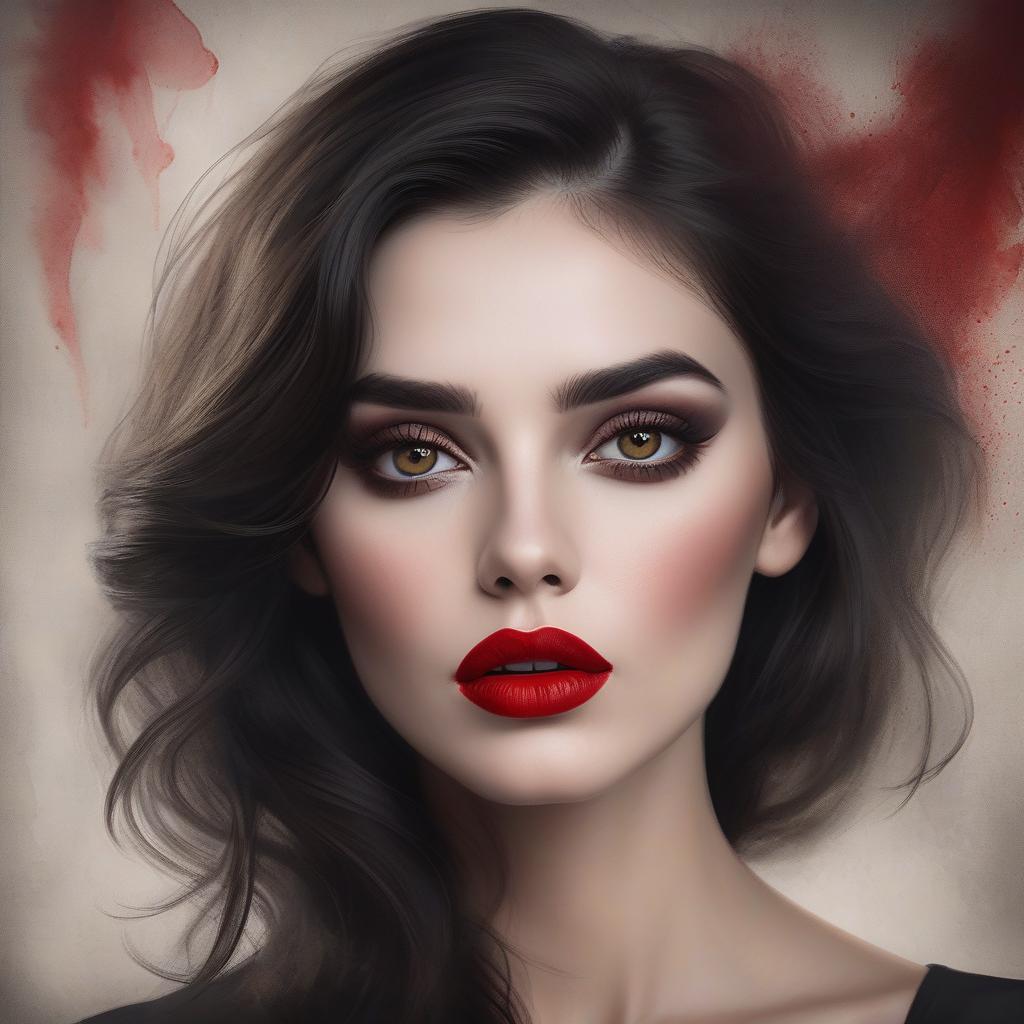  a portrait of a woman with voluminous dark hair, striking red lips, smoky eye makeup, and a painterly, smudged background. gorgeous model, smooth and realistic portrait, smooth and intricate, high definition, realistic, clear and detailed eyes, hi res, photorealistic, nikon z9, 85mm f1.2, dof, smooth and realistic