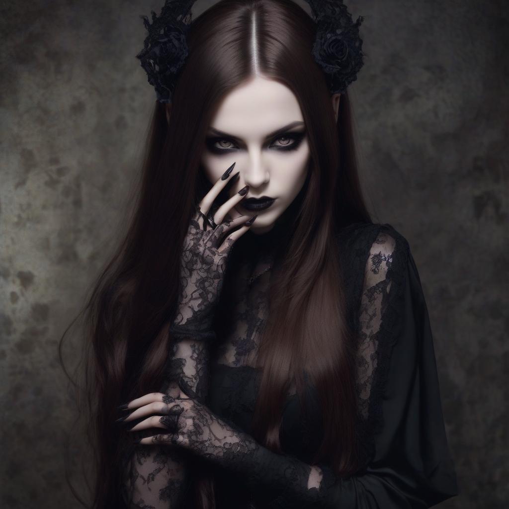  girl, gothic, long brown hair, long black sharp nails