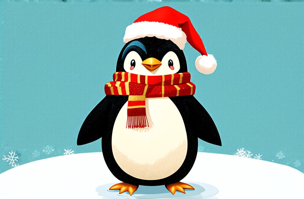  professional detailed photography, christmas penguin wearing a scarf vintage illustration isolated on a transparent background ar 3:2, (muted colors, dim colors, soothing tones), (vsco:0.3)