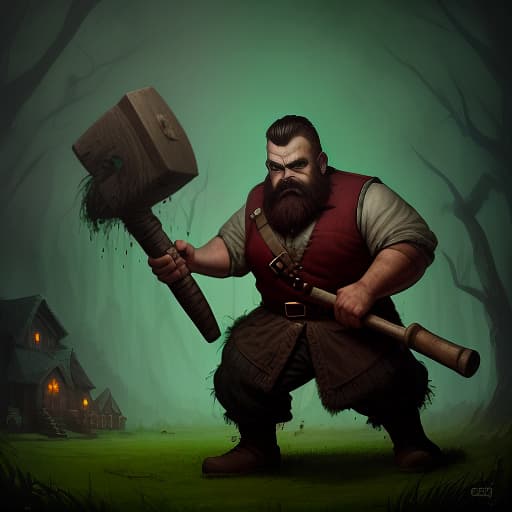  bearded dwarf with a wooden hammer against a green lawn, dark , creepy , blood , monsters , by jason engle , carlos huante , charlie bowater , simon lee , brom