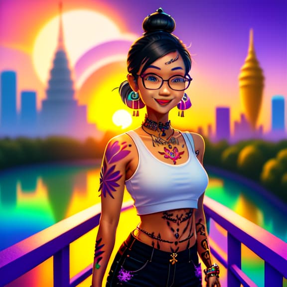 in OliDisco style 3D render of a Thai woman with tattoos standing on a bridge, smile, breasts, black hair, navel, large breasts, lipstick, outdoors, glasses, purple short shorts, black single hair bun with hairpin, (white tank top), optic glasses, sunset, open fly, (colorful tattoos:1.3)
