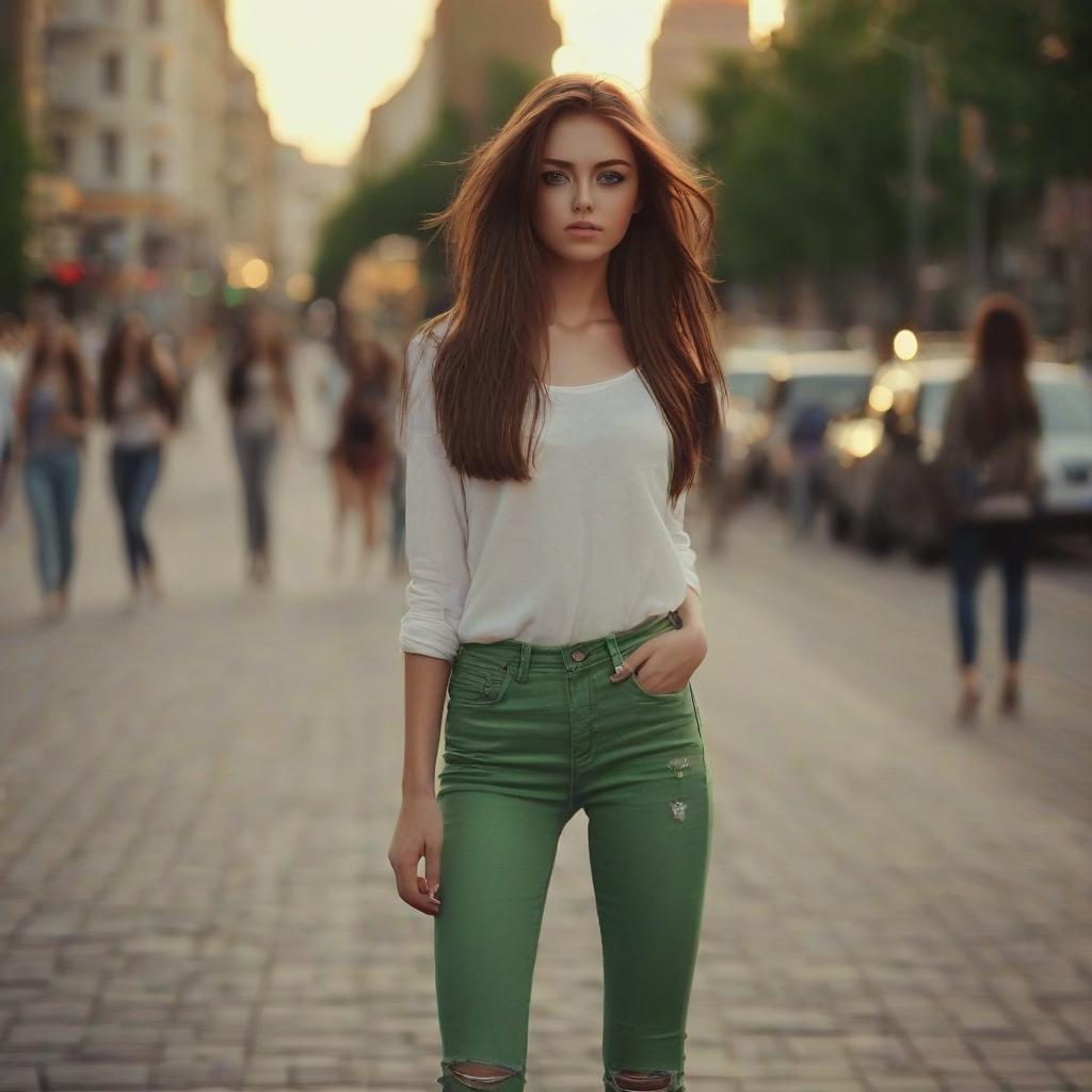  girl, brown hair, beautiful, green eyed, standing, walking in the city, evening, summer, in jeans and topics