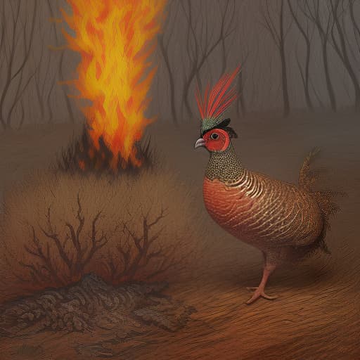  draw a pheasant in a burning forest. should be pronounced red, pheasant in the foreground, cute , furry , expressive , by seth casteel , carli davidson , rachael hale mckenna, kaylee greer, sophie gamand