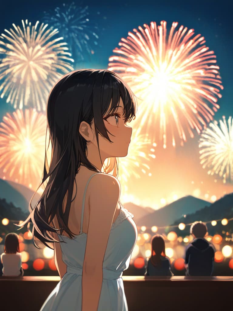  ((summer festival,fireworks,back view: 1.5,watching fireworks,long hair,black hair,white dress,summer festival,watching fireworks))、ultra detailed,best shadow,cute and beautiful face,(masterpiece:1.2),(best quality:1.2),detailed background,high contrast,(best illumination,an extremely delicate and beautiful),((cinematic light)),hyper detail,dramatic light,intricate details,8k,anime,very aesthetic