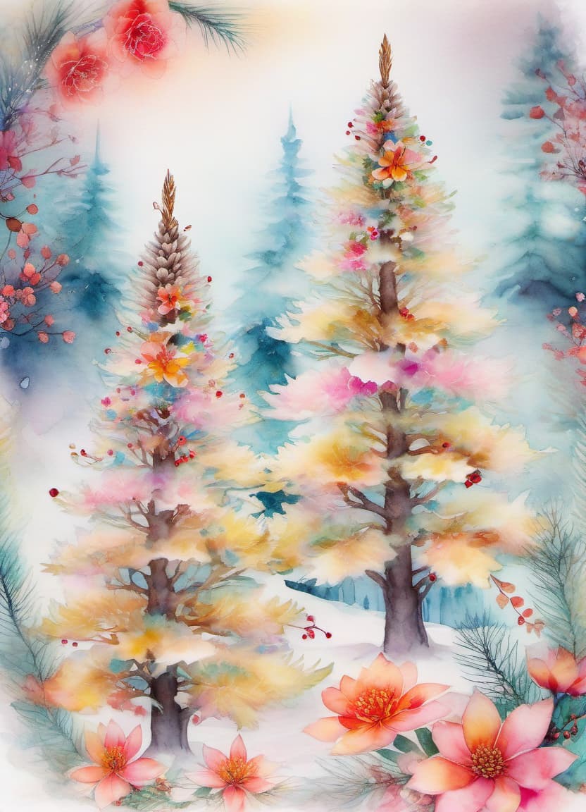  fairy tale christmas trees with cones, snake in a kimono, (double exposure: 1.4). (soft textured paper). alcohol ink of (bright) flowers. the incompleteness effect. tenderness of watercolors, winter, delicate colors. thin white lines. emotion. light relief pattern. . magical, fantastical, enchanting, storybook style, highly detailed