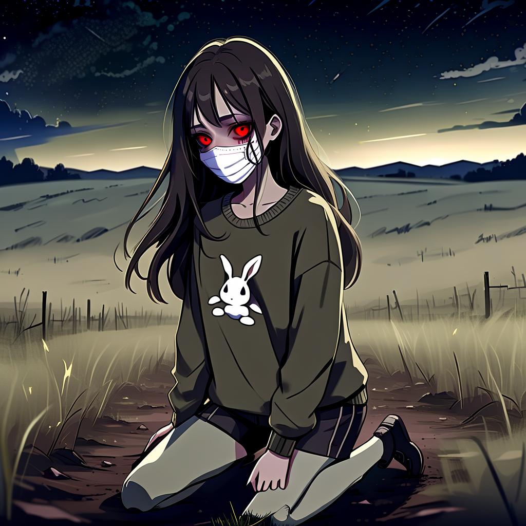  dystopian style a girl in anime style with long dark hair stands in the middle of the field at night dressed in a khaki sweater and pants on the floor of her face mask white rabbit in blood. the girl looks at the starry sky at night with black lower eyelids under the eyes of a specific color full of fear of the unknown and curiosity. she pulls her hand up towards the night sky. . bleak, post apocalyptic, somber, dramatic, highly detailed