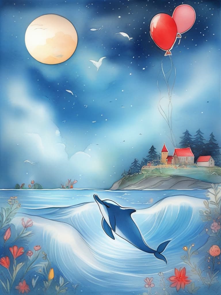  a masterpiece,a cute dolphin emerging from the sea,a moonlit sea,a full moon,a lone red balloon in the sky,a fairy tale style,gentle colors,crayon drawings,