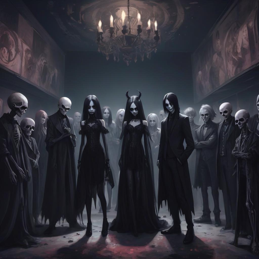  macabre style a group of people standing around each other ibiza nightclub inspired, anime style . dark, gothic, grim, haunting, highly detailed