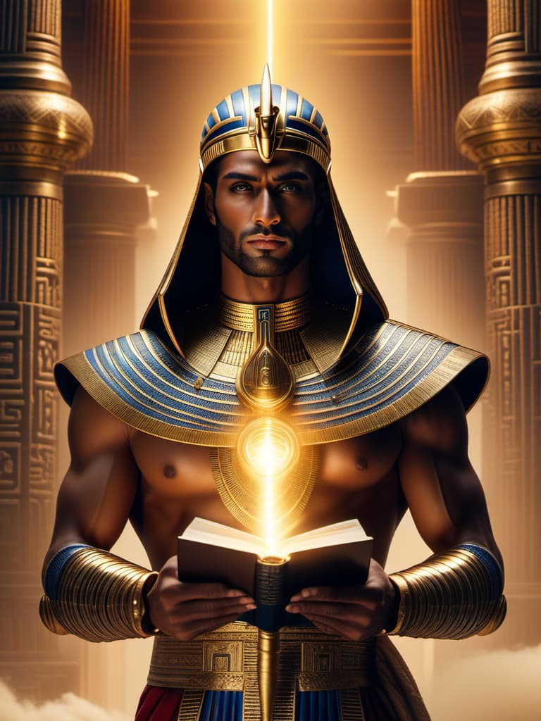  cover book pharaoh holding a book with light emanating from it high quality realistic image” , ((anime)) hyperrealistic, full body, detailed clothing, highly detailed, cinematic lighting, stunningly beautiful, intricate, sharp focus, f/1. 8, 85mm, (centered image composition), (professionally color graded), ((bright soft diffused light)), volumetric fog, trending on instagram, trending on tumblr, HDR 4K, 8K