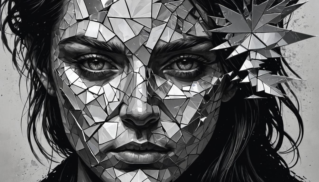  （surrealism)a figure piecing together fragments of a shattered mirror, each fragment reflecting a slightly different version of the figure's face, reconstruction, self reflection mystic, intricate details, best quality)