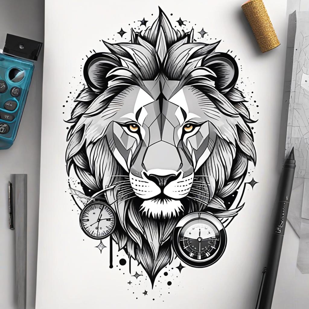  sketch of a tattoo of a man's sleeve, show. in it the speed of the car through the speedometer, show the lion and football