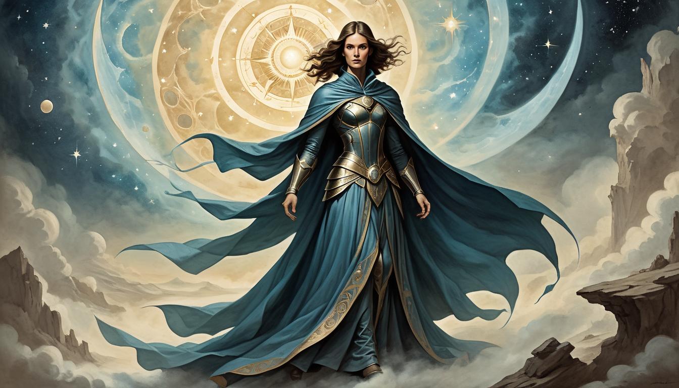  on parchment, surrealism+++, a robust, armored female figure, cape flowing, surrounded by a celestial aura, emanating strength, backdrop of celestial voids, majestic, empowering(mysterious, provocative, symbolic,muted color)+++