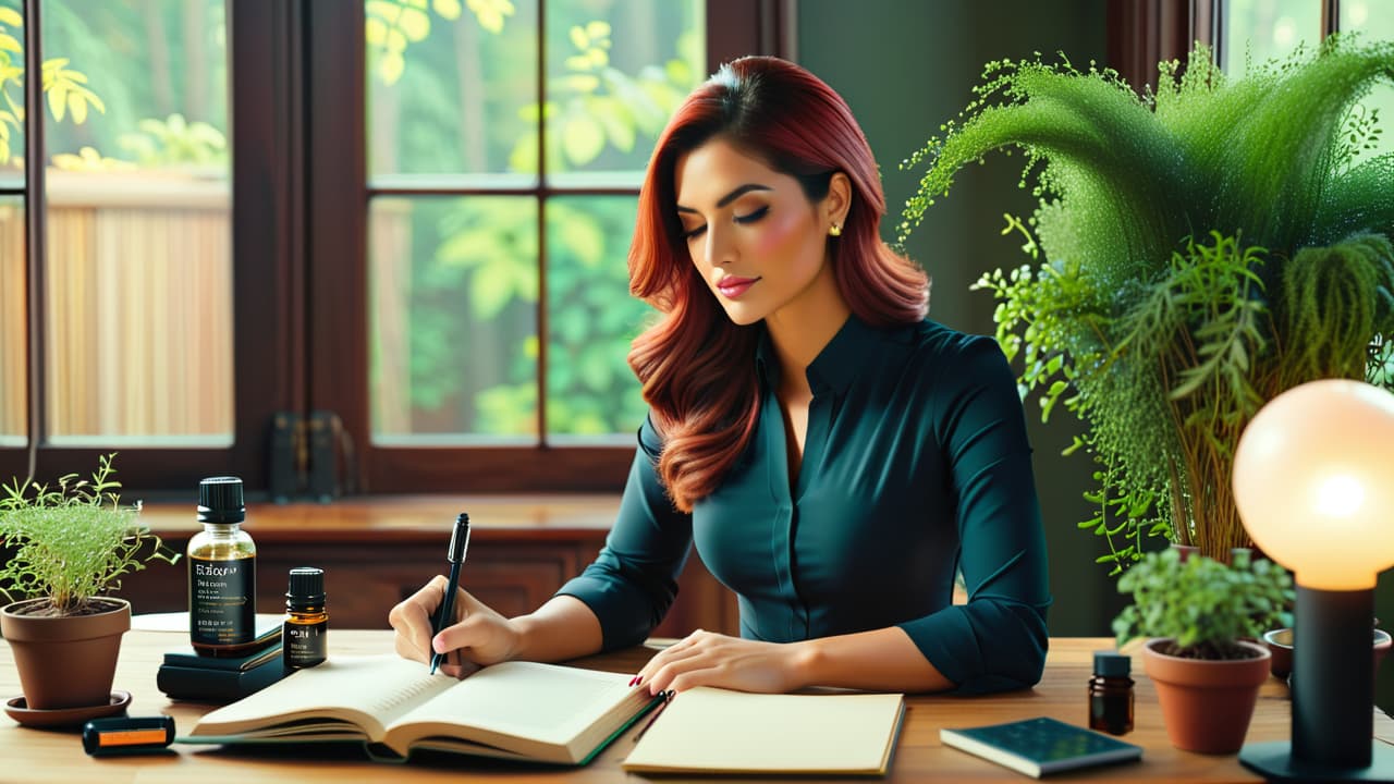  a serene workspace featuring natural skincare products, scattered herbs, essential oils, a budget notebook, and a calculator, surrounded by soft natural light and green plants, evoking an inspiring entrepreneurial atmosphere. hyperrealistic, full body, detailed clothing, highly detailed, cinematic lighting, stunningly beautiful, intricate, sharp focus, f/1. 8, 85mm, (centered image composition), (professionally color graded), ((bright soft diffused light)), volumetric fog, trending on instagram, trending on tumblr, HDR 4K, 8K