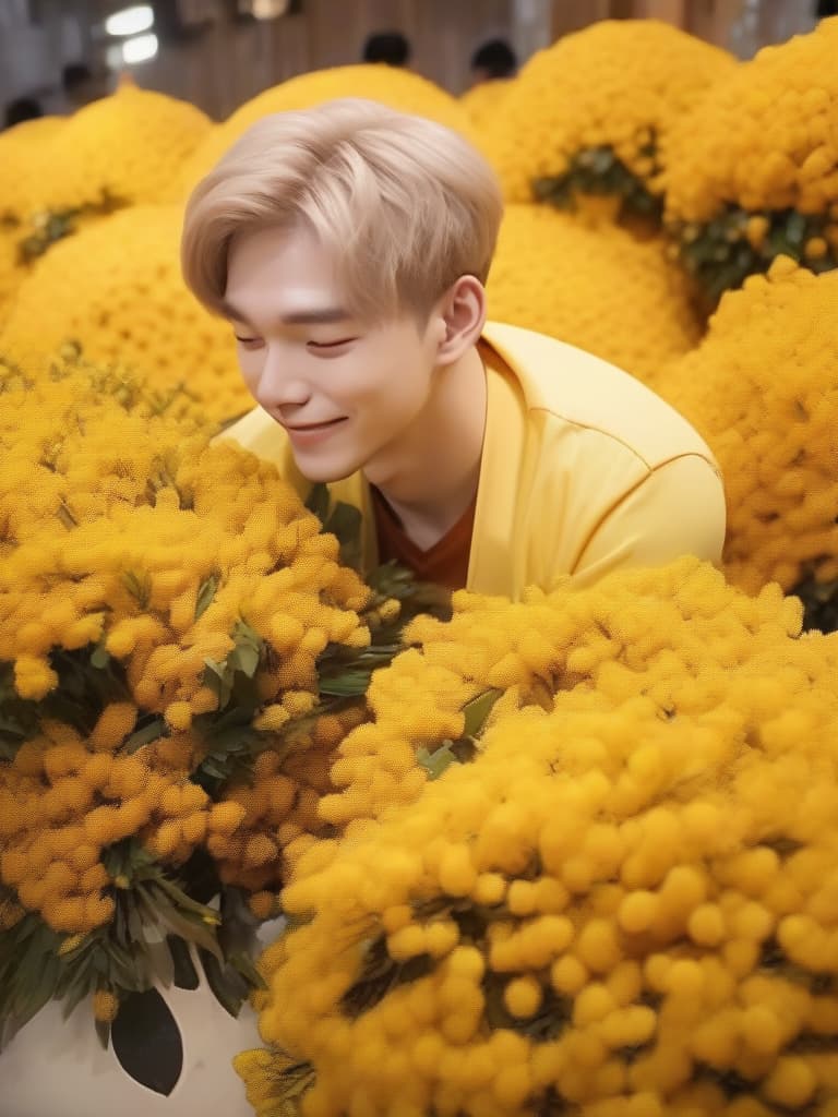  masterpiece,(one male:1.5),delicate light brown hair color,(manly hairstyle)short hair,eyes closed,smiling,((( larynx))),kissing a small bouquet of golden osmanthus,golden osmanthus flowers,high quality,16k