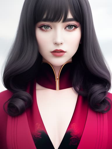  Elegant woman in intergalactic couture attire, black curls cascading over porcelain skin, crimson lips, wearing velvet winter garb and poppy-patterned scarf, amidst a blooming meadow with a hint of high-contrast and soft lighting, portrait illustration in black and white with red accents, arranged by golden ratio, space coffee shops and dark-robed figures amidst ropes in the background, surreal blend., hyperrealistic, high quality, highly detailed, cinematic lighting, intricate, sharp focus, f/1. 8, 85mm, (centered image composition), (professionally color graded), ((bright soft diffused light)), volumetric fog, trending on instagram, HDR 4K, 8K