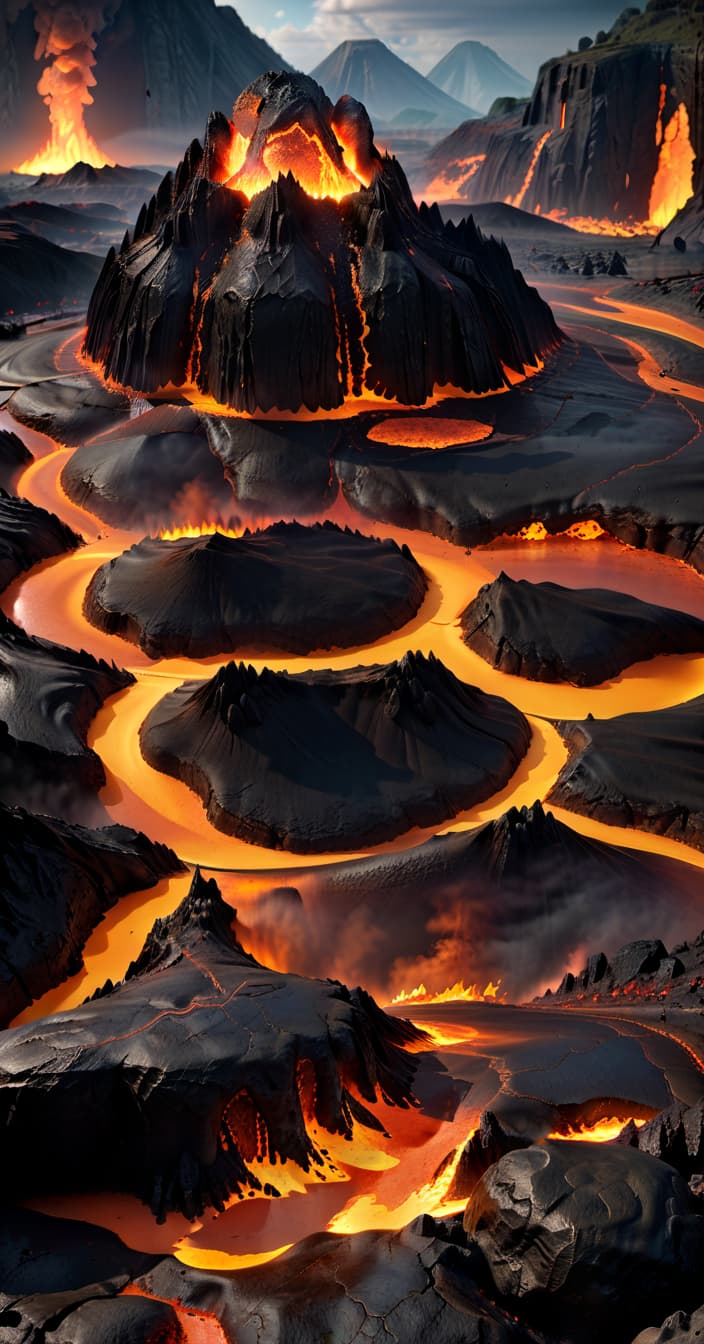  professional 3d model fire biome, magma, lava, lava rivers, volcanoes . octane render, highly detailed, volumetric, dramatic lighting, civitai, hkmagic