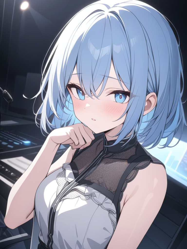  light blue hair, light blue eye, bob hair, microphone, live, masterpiece, best quality,8k,ultra detailed,high resolution,an extremely delicate and beautiful,hyper detail