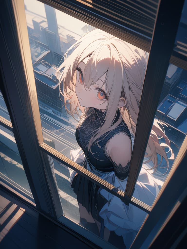  looking up from the window, the hair is blond, the hair length is long, the sky is in the night sky, the stars are visible, while looking at the distant look, the whole body, the whole body, the building group., masterpiece, best quality,8k,ultra detailed,high resolution,an extremely delicate and beautiful,hyper detail