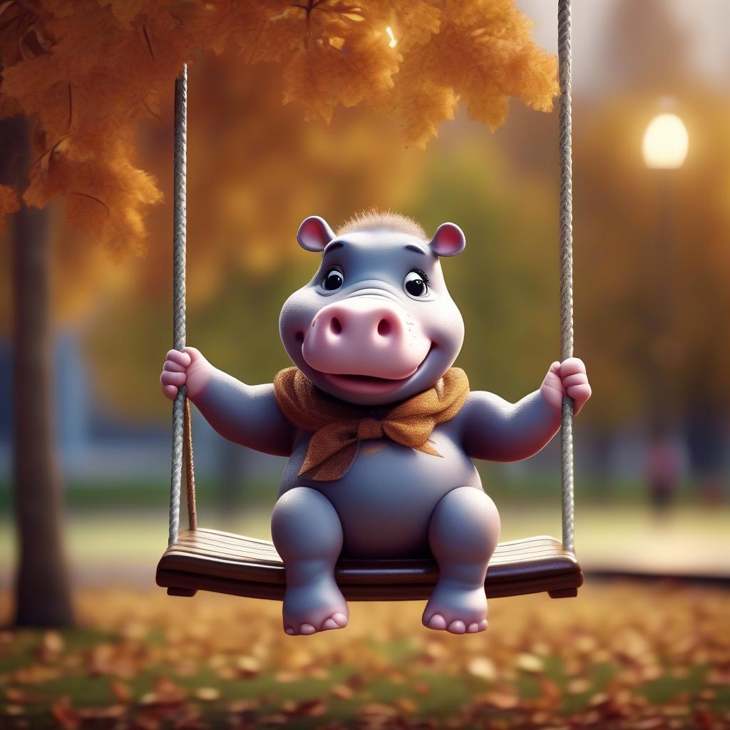  cinematic film still cute little hippo swinging on a swing in the park on an autumn day, sweet smile, ultra realistic, soft lighting, 8k . shallow depth of field, vignette, highly detailed, high budget, bokeh, cinemascope, moody, epic, gorgeous, film grain, grainy