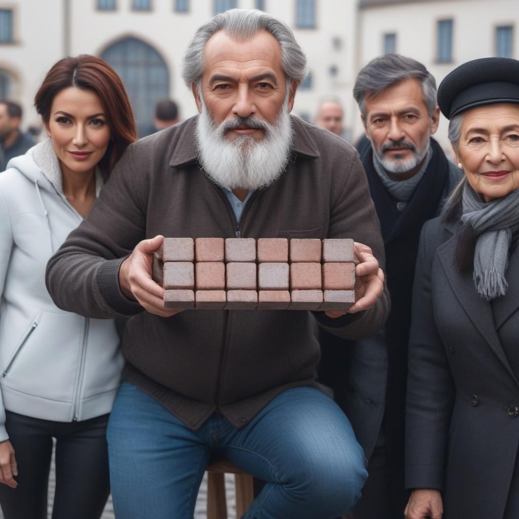  A man with relatives Holds a brick European faces Age 40 hyperrealistic, full body, detailed clothing, highly detailed, cinematic lighting, stunningly beautiful, intricate, sharp focus, f/1. 8, 85mm, (centered image composition), (professionally color graded), ((bright soft diffused light)), volumetric fog, trending on instagram, trending on tumblr, HDR 4K, 8K