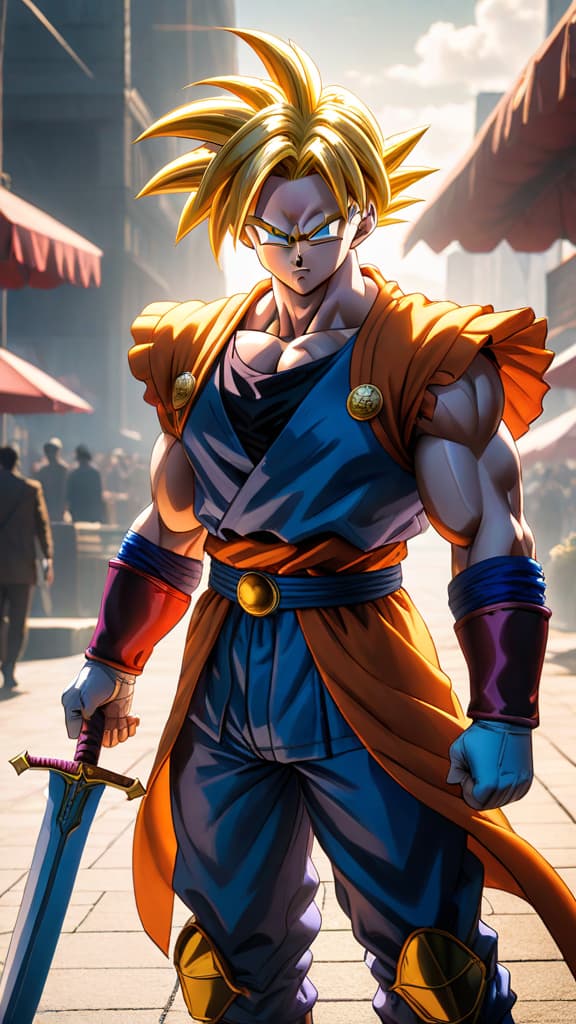  future trunks from dragon ball facing android 14 with his gleaming sword under harsh sunlight, anime art hyperrealistic, full body, detailed clothing, highly detailed, cinematic lighting, stunningly beautiful, intricate, sharp focus, f/1. 8, 85mm, (centered image composition), (professionally color graded), ((bright soft diffused light)), volumetric fog, trending on instagram, trending on tumblr, HDR 4K, 8K