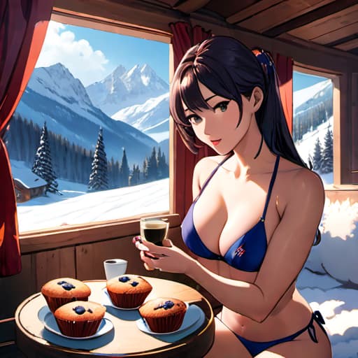  a woman in her 30s drinking a cup of coffee while eating a blueberry muffin in her cozy cabin in the snowy mountains. She is wearing a small bikini top since the cabin is so warm. The image should be photorealistic, including realistic skin texture, as well as realistic textures for all parts hyperrealistic, full body, detailed clothing, highly detailed, cinematic lighting, stunningly beautiful, intricate, sharp focus, f/1. 8, 85mm, (centered image composition), (professionally color graded), ((bright soft diffused light)), volumetric fog, trending on instagram, trending on tumblr, HDR 4K, 8K