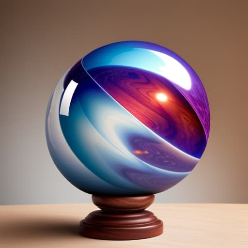  Transparant ball with a dreamscape inside, ball rests on a curved wooden pedestal