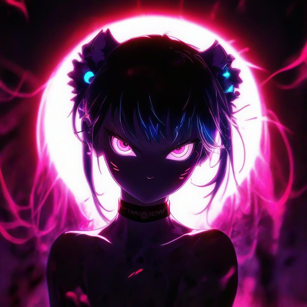  a close up of a person with blue hair, metal cat ears and glowing eyes, anime picture, deep crimson and dark shadows, perfect female body silhouette, bitcoin evil, ((pink)), style of madhouse anime, portrait of evil girl, it is night, looming head, glowneon