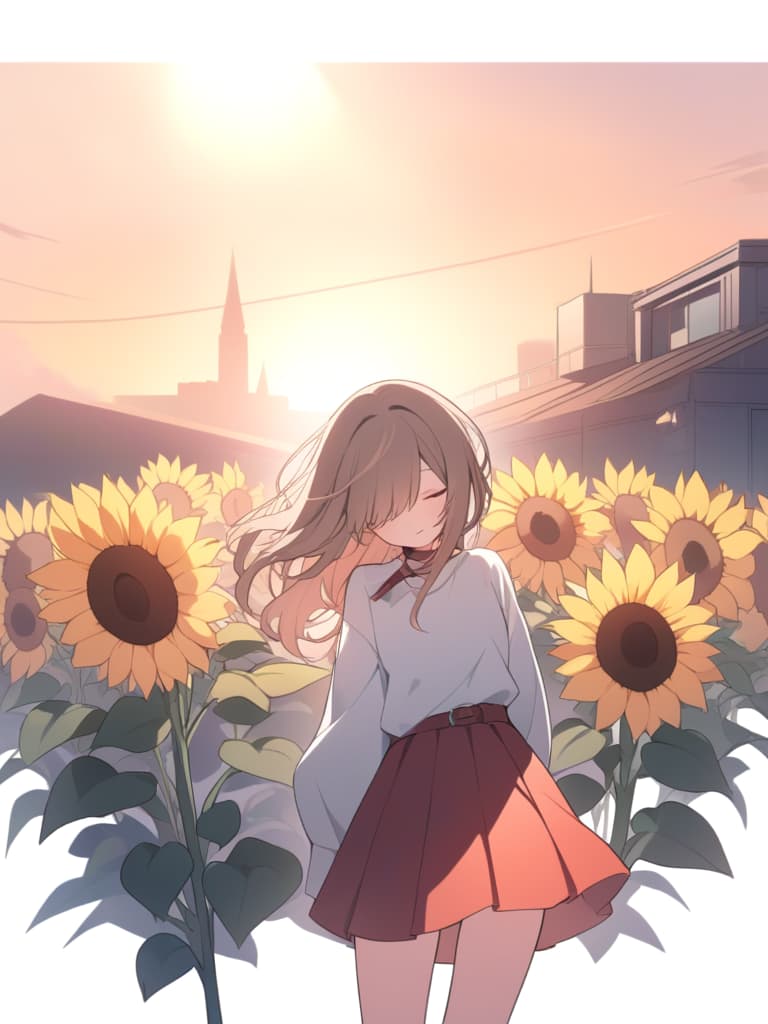  "create an illustration of a girl holding a sunflower while covering one of her eyes with the sunflower. the setting should be during sunset,with warm,golden hues in the background. the girl should have a gentle,serene expression,and her outfit can be casual and light to match the relaxed atmosphere of the evening."