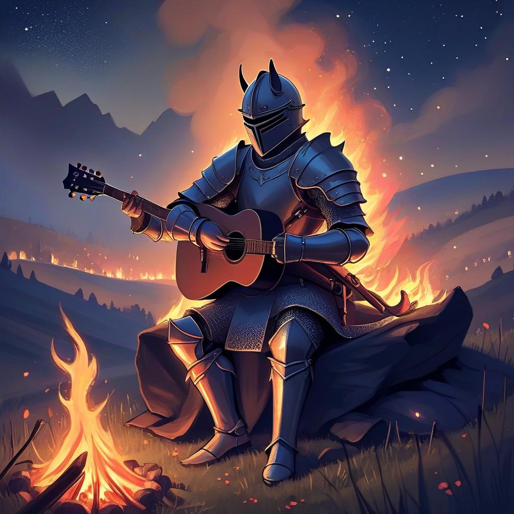  the night came down quietly. the fire smolders away knight sings with guitar a field without an edge a knight sits next to a fire. the echo between the hills fairy tales are born of light it's bright. night and stars