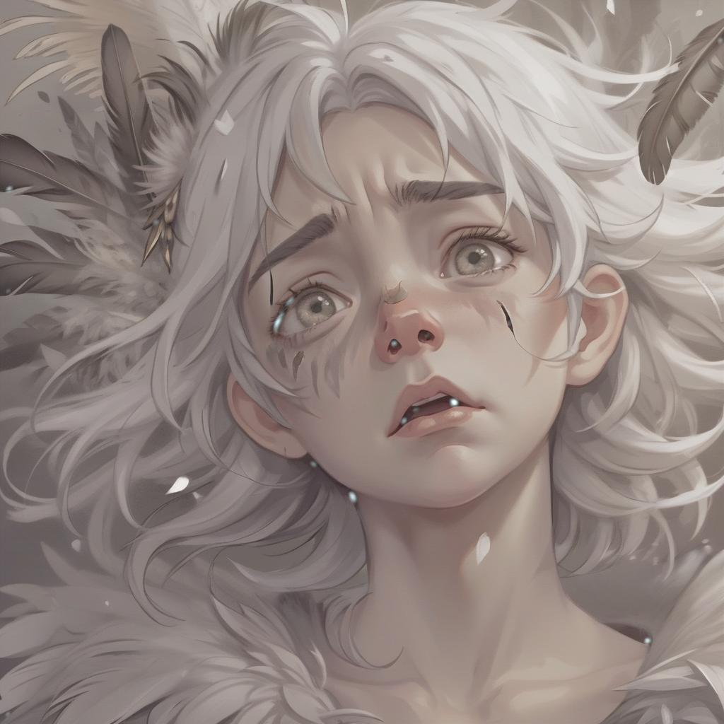  concept art a gray and grey haired girl, with feather ears, with white eyes, who is crying . digital artwork, illustrative, painterly, matte painting, highly detailed