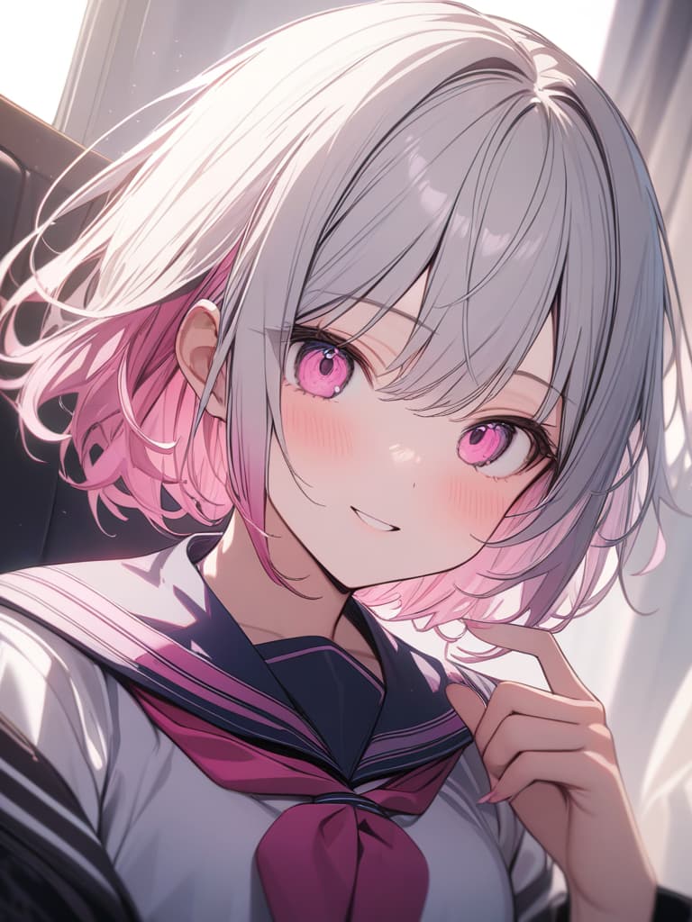  girls, white hair, pink, pink gradation hair color, cute face, purple sailor suit, pink eyes, medium hair, masterpiece, best quality,8k,ultra detailed,high resolution,an extremely delicate and beautiful,hyper detail