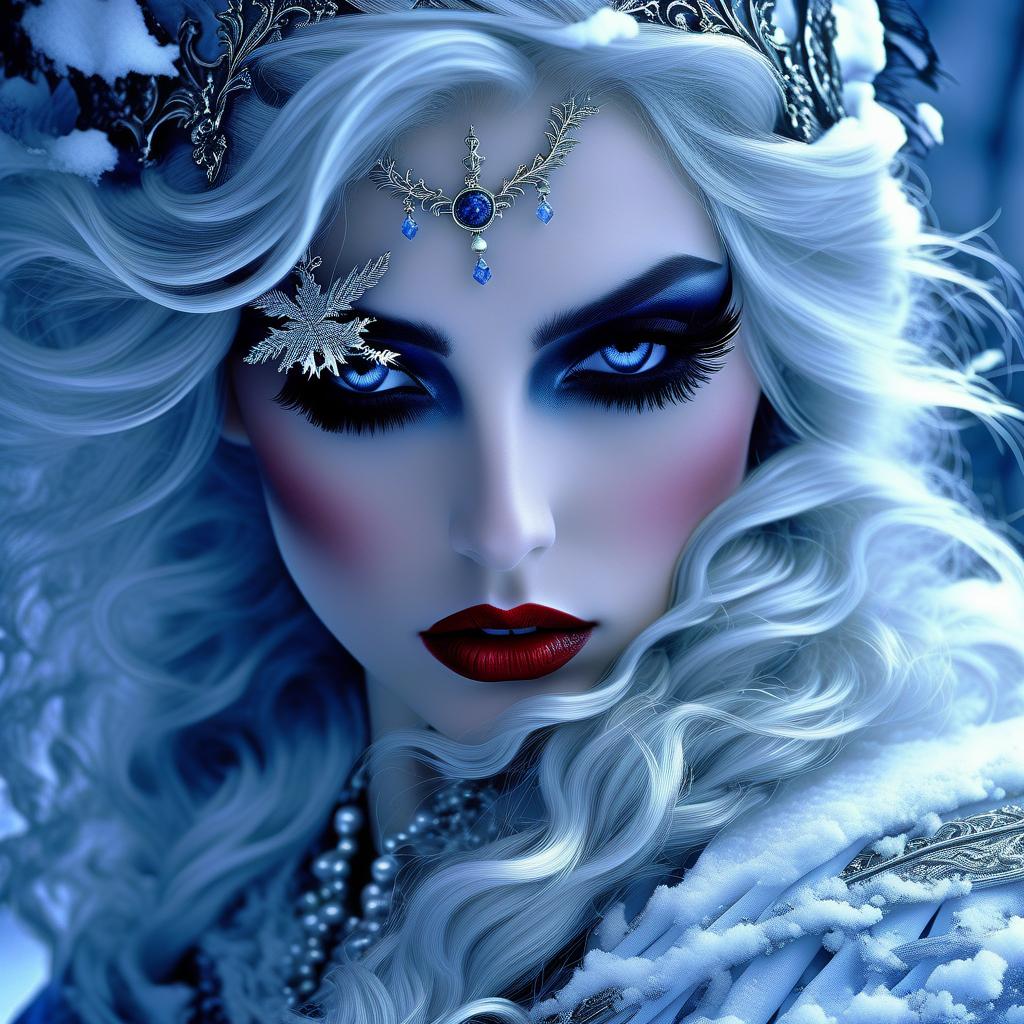  gothic style ((i am the dream of the sword, the parting flame, the food of crows. and you shall dance with me henceforth, the king's youngest son)). (winter sun). incredibly beautiful, ((blue white, as if moulded from snow)) . (her scarlet lips quivered, her coal lashes fluttered) , her fingers reached for (a string of pearl beads) . (style):fantasy, fairy tale, scottish legends, high quality, close up, (icy, wind, blizzard) . dark, mysterious, haunting, dramatic, ornate, detailed