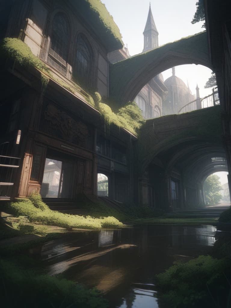  a lot of decayed buildings, large amounts of moss and nature, masterpiece, best quality,8k,ultra detailed,high resolution,an extremely delicate and beautiful,hyper detail