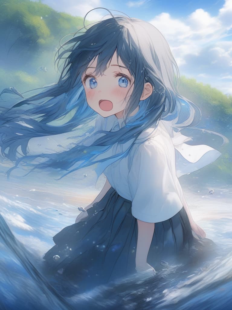  white shirt, blue haired short, black skirt, blue eyes, girls, above water, under the blue sky, small white corners, girls, crying alone, masterpiece, best quality,8k,ultra detailed,high resolution,an extremely delicate and beautiful,hyper detail