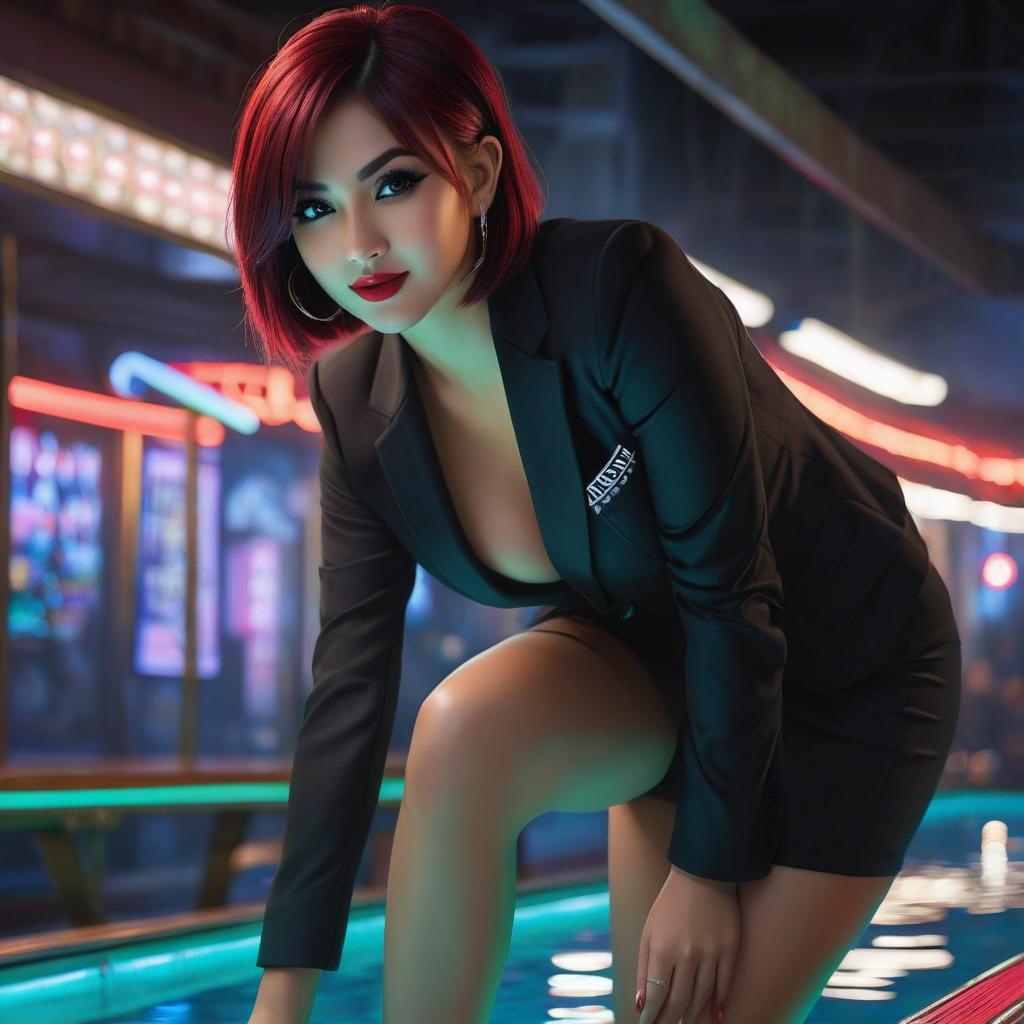  (gorgeous) () old, dark night time pool with neon lights, short straight smooth emo hair, hour gl figure, (( eyes)) with ((heavy eyeliner)), heavy emo makeup, full big plump lips, glossy red lipstick, ((whole body portrait)), photography, detailed skin, photo realistic, 8k, highly detailed, ((full length frame)), high detail raw color, piercing, diffused soft lighting, shallow depth of field, sharp focus, hyperrealism, dark mood lighting, ((detailed face and eyes:1.1)), ((clothes off)), stilettos, ((full body)), smile milking machine, , leaning forward, s, ,, award winning, professional, highly detailed, masterpiece