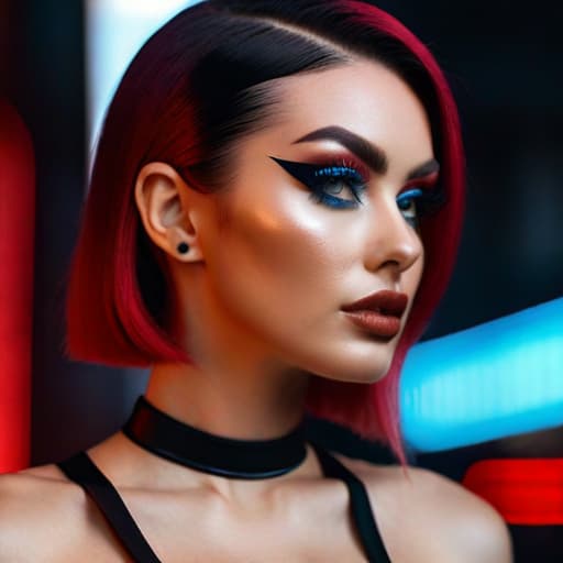  ultra realistic close up portrait ((beautiful pale cyberpunk female with heavy black eyeliner)), blue eyes, shaved side haircut, hyper detail, cinematic lighting, magic neon, dark red city, canon eos r3, nikon, f/1.4, iso 200, 1/160s, 8k, raw, unedited, symmetrical balance, in frame, 8k hyperrealistic, full body, detailed clothing, highly detailed, cinematic lighting, stunningly beautiful, intricate, sharp focus, f/1. 8, 85mm, (centered image composition), (professionally color graded), ((bright soft diffused light)), volumetric fog, trending on instagram, trending on tumblr, HDR 4K, 8K