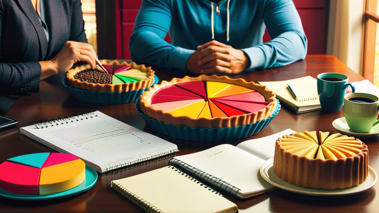  a vibrant financial planning scene featuring a diverse group of people analyzing colorful pie charts, calculators, and notebooks, surrounded by symbols of budgeting, saving, investing, and retirement, illuminated by warm, inviting light. hyperrealistic, full body, detailed clothing, highly detailed, cinematic lighting, stunningly beautiful, intricate, sharp focus, f/1. 8, 85mm, (centered image composition), (professionally color graded), ((bright soft diffused light)), volumetric fog, trending on instagram, trending on tumblr, HDR 4K, 8K