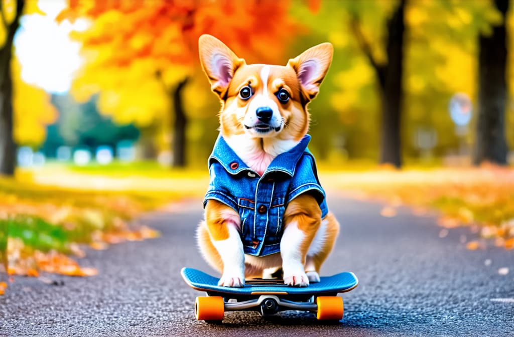  artwork a corgi puppy stands on four legs on a skateboard on an asphalt path in an autumn park in a denim sleeveless jacket , watercolor techniques, featuring fluid colors, subtle gradients, transparency associated with watercolor art