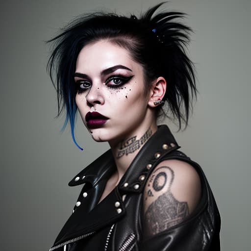  a hyper realistic photo of an extremely beautiful punk rocker girl bold lines, hyper detailed, leather jacket with studs and ripped jeans, her face is pale with pronounced cheekbones . her eyes are outlined with rich black eyeliner, and her lips are covered in dark lipstick with a slightly smudged contour. her disheveled hair is dyed in bright colors, creating a chaotic yet intentional mess. smoke swirls around her, and the lighting casts dramatic shadows, emphasizing her bold and energetic image. the grunge girl demonstrates authenticity, honesty, and independence through her style and self expression, photorealistic, hyperrealistic, hyperdetailed, analog style, hip cocked, demure, low cut, black lace, detailed skin, matte skin, soft light