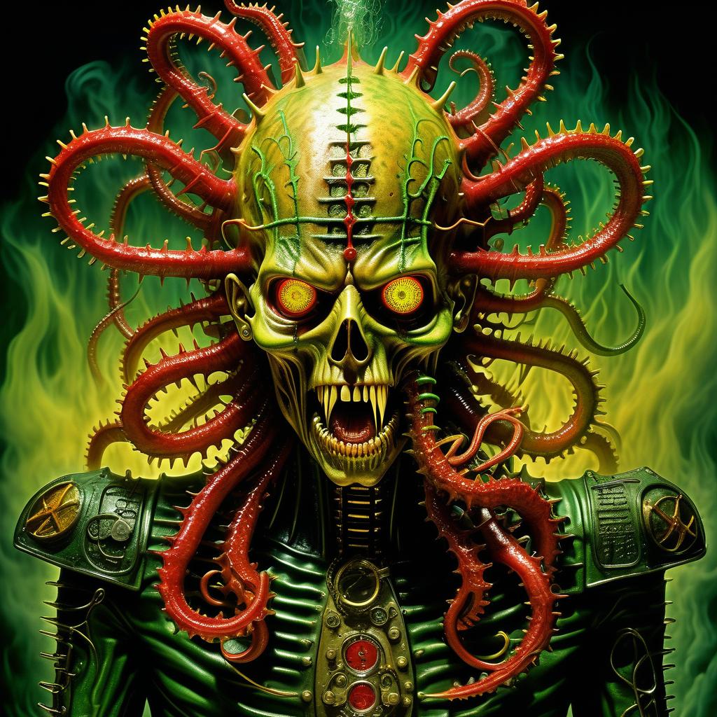  nautical themed (hellraiser) whisperer giger demon looks scary prickly red watch in yellow smoke and green sparks suction cups tentacles eyes all over the body lower jaw sting tentacles claws and a terrible moan in red smoke in yellow rings of green steam the wound flows with mucus juice . sea, ocean, ships, maritime, beach, marine life, highly detailed