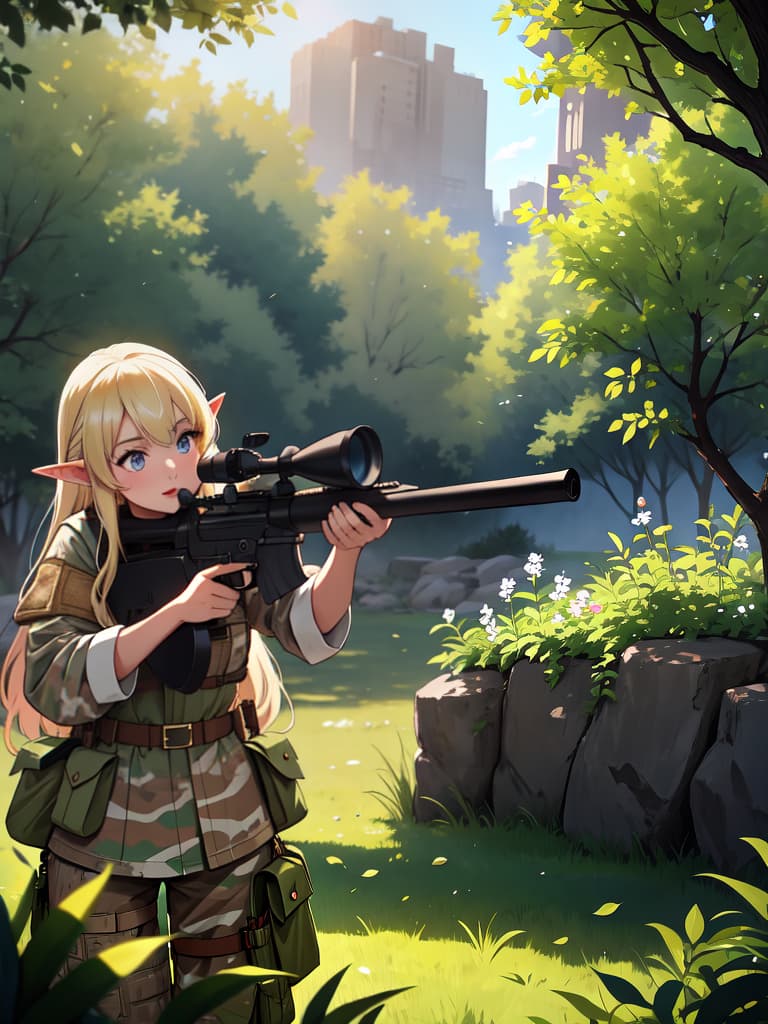  (((blonde elf:1.4、aiming at viewer:1.4、hold a sniper rifle)))、((accurate sniper rifle:1.2))、(tilt one's head、camouflage pattern military costume)、in dark bush、sunlight through the trees、best quality:1.4、masterpiece:1.4、ultra detailed texture、raw photorealistic、absurd resolution、8k illustration、💩、💩、💩、💩、💩、