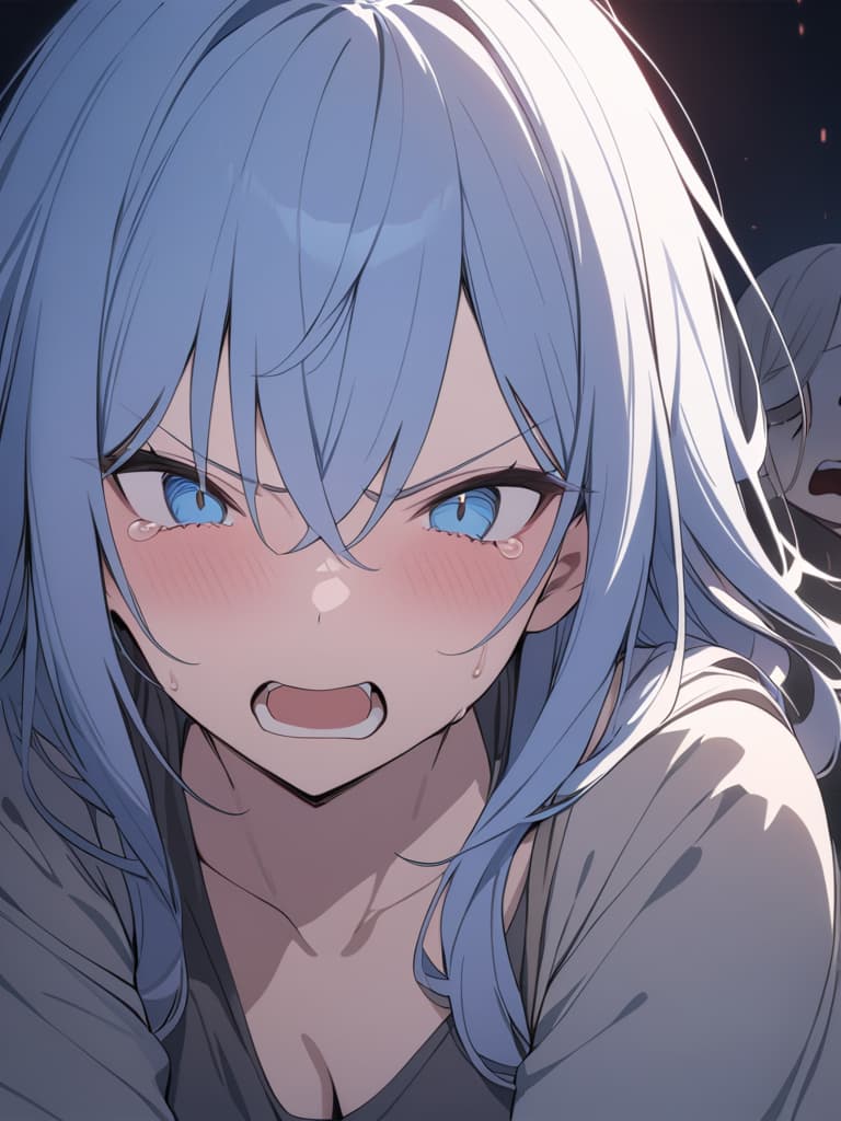  light blue hair, light blue eye, bob hair, darkness, hatred, angry crying, night, the end of the world, screaming, las boss, masterpiece, best quality,8k,ultra detailed,high resolution,an extremely delicate and beautiful,hyper detail