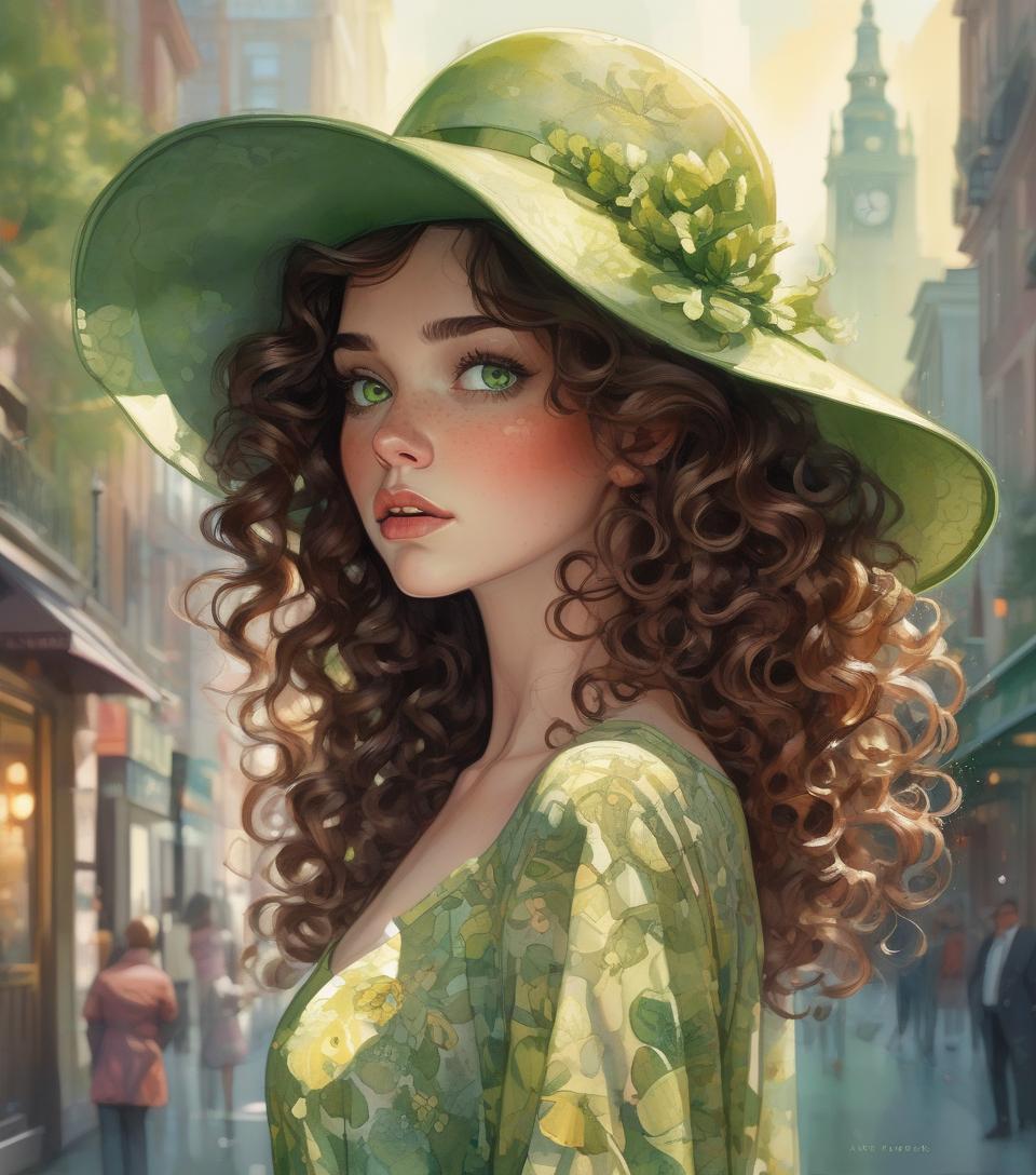  concept art highly detailed, curly brown hair, green eyes, hat, printed dress, vivid colors, watercolor portrait, dramatic light, realistic, by alyssa monks, afarin sajedi, brian kesinger, thomas kinkade, pascal campion, craola. . digital artwork, illustrative, painterly, matte painting, highly detailed