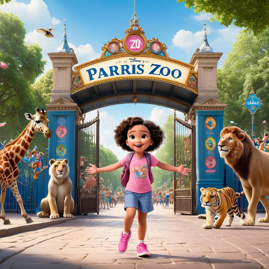  in 3d animated movie style. disney pixar style. paris, a , wears a pink t shirt, blue shorts, and pink sneakers, skipping towards the zoo entrance, holding her parents' hands tightly. her expression is filled with wonder. the scene is at the zoo entrance with a colorful sign featuring animals, evoking excitement. high resolution pixar 3d animated film style with bright, vint colors and soft, warm lights. captured from a slightly low angle showing paris with the zoo sign in the background.