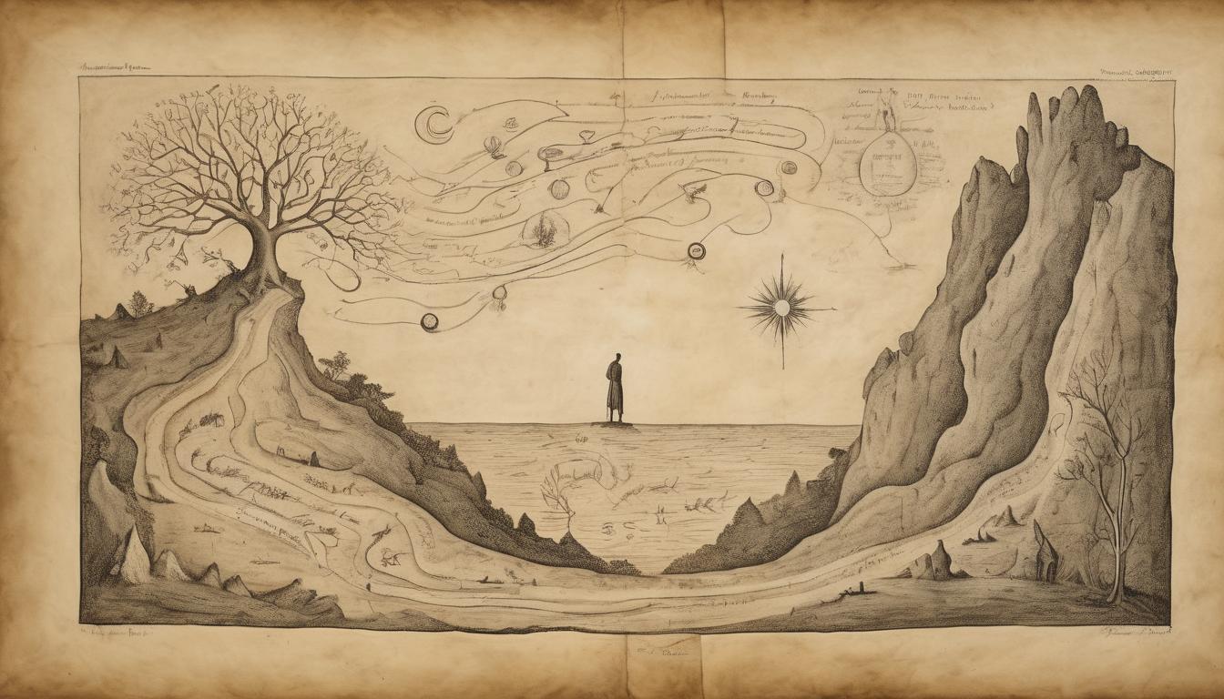  on parchment, surrealism++, figure standing on a cliff, gazing at multiple paths in front, sense of reflection, awareness, journey, celestial undercurrents(mysterious, provocative, symbolic)++